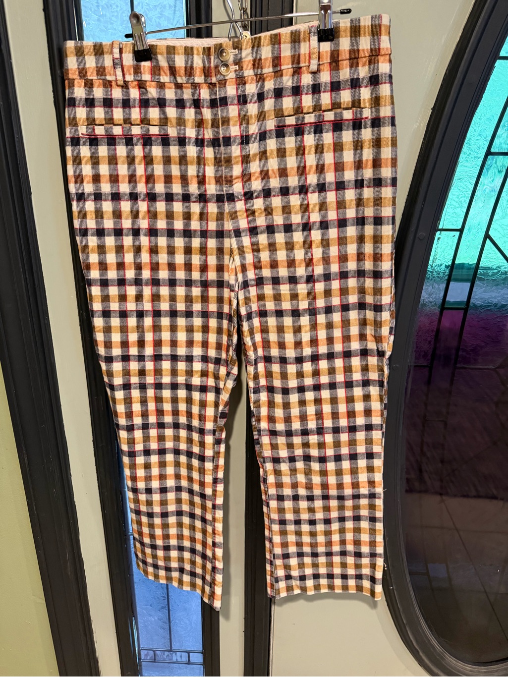 Anthropologie Womenâs Plaid Pants In Orange, Navy & Cream With Red Accents